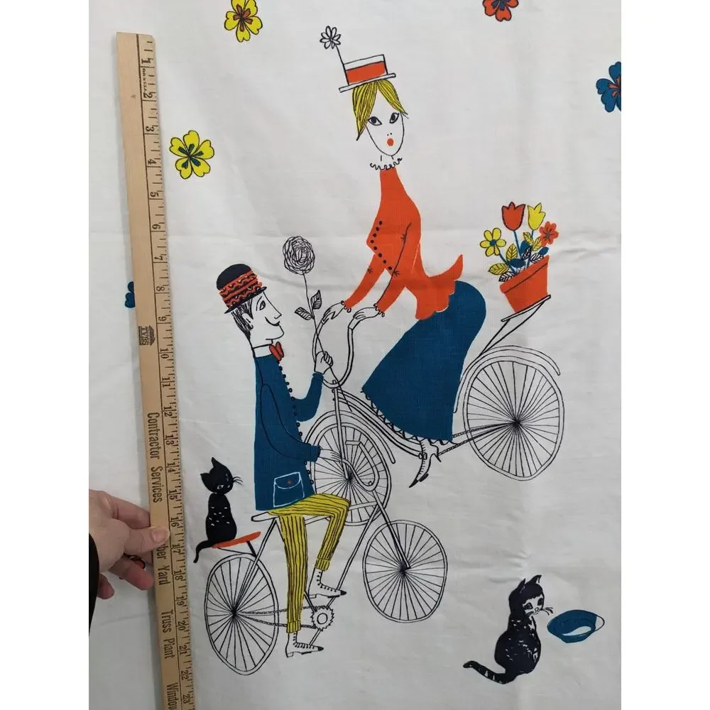 3 5/8 Yds Vintage 60's AMERITEX COTTON FABRIC Victorian Courting Couple Bicycles